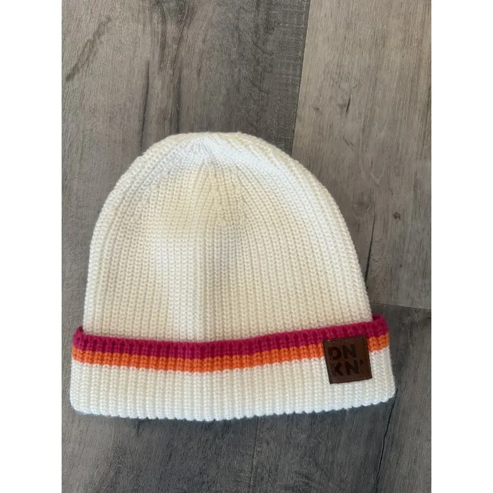 Dunkin Hat Beanie Cuff Knit White Pink Orange Stripe DNKN Winter Warm Unisex - Picture 2 of 4
